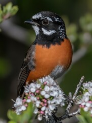 Fototapeta premium Colorful robin perched among spring blossoms