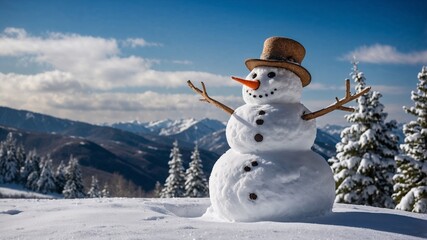 Obraz premium View of snowman with winter landscape and snow