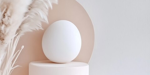 Fototapeta premium White egg on pedestal in soft pastel setting with pampas grass and minimal decor