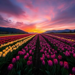 Naklejka premium Vibrant tulip fields at sunset in springtime