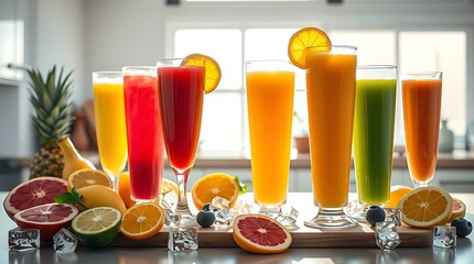 Vibrant Fresh Juices with Fruits and Ice &ndash; Healthy Morning Scene