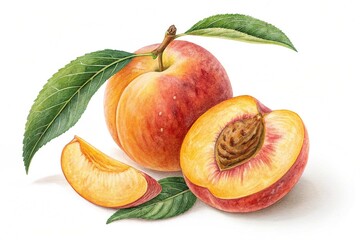 Colorful Peach Fruit with Leaf isolated on white background. A bright and vibrant peach fruit with a leaf isolated on a white background, ideal for fresh or healthy food themes