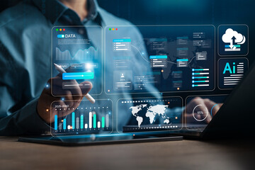 Businessman or engineer analyzes data files and backups of computer systems. Using FTP (File...