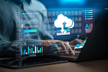 Businessman or engineer analyzes data files and backups of computer systems. Using FTP (File...