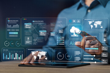 Businessman or engineer analyzes data files and backups of computer systems. Using FTP (File...