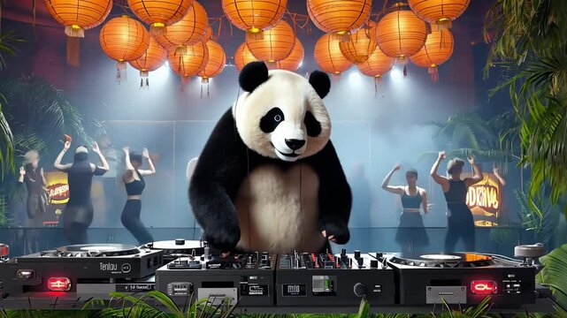 Dancing lights and beats: A panda DJ spins records at a vibrant night party in a lush urban setting Generative AI