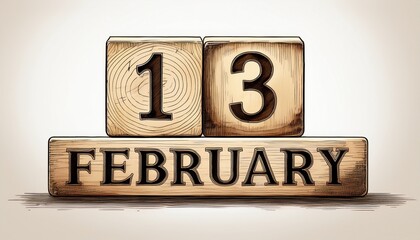 Illustration of wooden blocks with date 13 February. Day and month, simple calendar