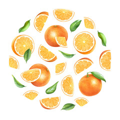 Circular design with watercolor realistic orange fruits with fruit parts, slices and green leaves