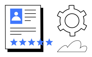 Profile paper with picture, text, and rating stars beside a gear and a cloud icon. Ideal for HR, performance review, career development, digital profiles, app design, cloud solutions simple landing