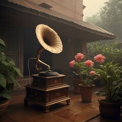 vintage gramophone plays an old Hindi song while the robots sway gently to the tune outside the home.