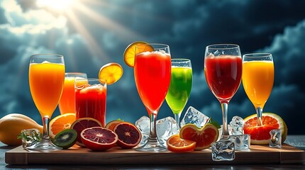 Vibrant Fresh Juices with Fruits and Ice &ndash; Healthy Morning Scene