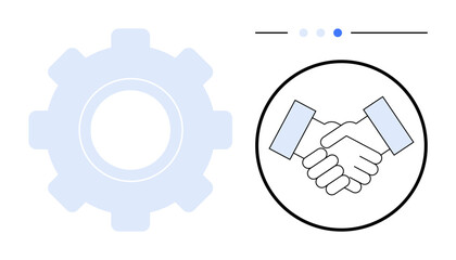 Handshake inside circle next to gear cog, representing partnership and productivity. Ideal for teamwork, collaboration, business, negotiations, productivity, synergy, and a simple landing page