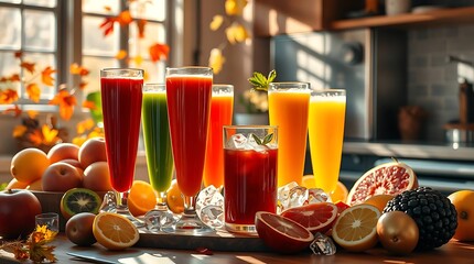Vibrant Fresh Juices with Fruits and Ice &ndash; Healthy Morning Scene