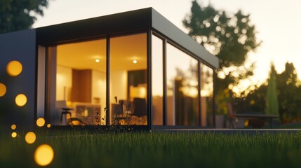 Modern home glowing at dusk with soft garden lights, blending warmth and sleek architecture
