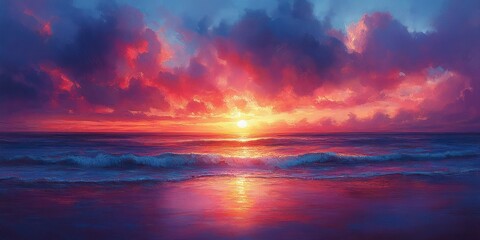 Obraz premium Dramatic orange sunset over the ocean with vibrant clouds and reflections on calm water