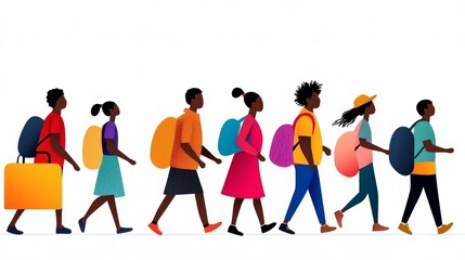 Diverse Group of Individuals Walking in a Line Carrying Colorful Backpacks