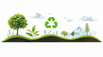 Fototapeta premium Flat Design Illustration of an Energy Life Cycle Featuring Trees, Leaves, Mountains, and Recycling Symbol on Light Background