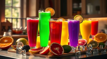 Vibrant Fresh Juices with Fruits and Ice &ndash; Healthy Morning Scene