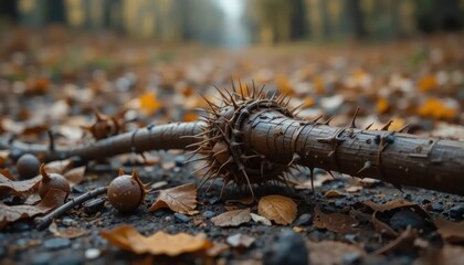 Prickly Chestnut Husk and Fallen Leaves on the Forest Floor