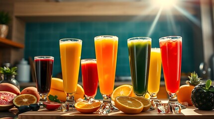 Vibrant Fresh Juices with Fruits and Ice &ndash; Healthy Morning Scene