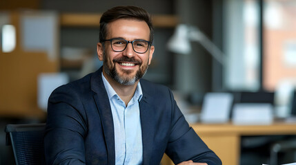 Fototapeta premium Portrait Of A Smiling Confident Businessman In A Blazer And Glasses Sitting At His Desk In A Modern Office