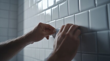 Tile setter placing tiles on a bathroom wall. Featuring precision and neatness