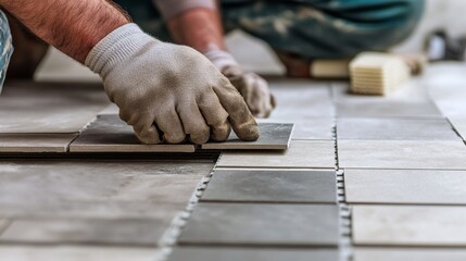 Tiling specialist setting ceramic tiles in a modern bathroom renovation. Featuring precision and design