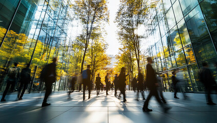 Blurred motion of business people walking between modern glass buildings on a sunny autumn day. Golden leaves and sunlight create a vibrant, energetic scene.