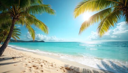 Obraz premium Tropical paradise beach scene under a bright blue sky.