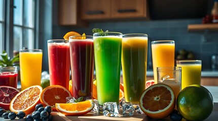 Vibrant Fresh Juices with Fruits and Ice &ndash; Healthy Morning Scene