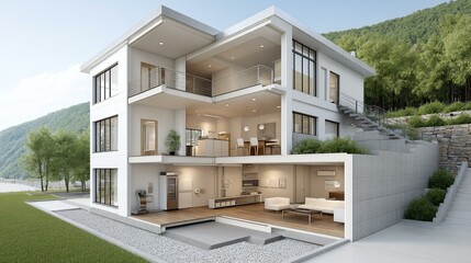 Cutaway render of smart eco house showing thermal mass walls, solar orientation, and energy monitoring system, architectural visual with clean labeling