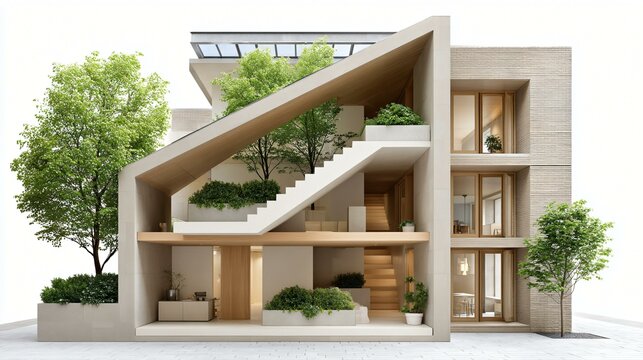 Compact urban house with vertical solar panels and low-energy HVAC system, efficient use of space with smart layout and green exterior finish