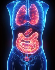 Anatomical Illustration of Human Male Digestive System in Glowing Neon Colors
