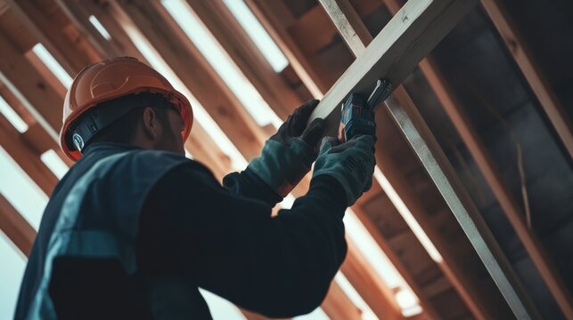 Construction worker using a power drill to secure beams. Featuring efficiency and safety