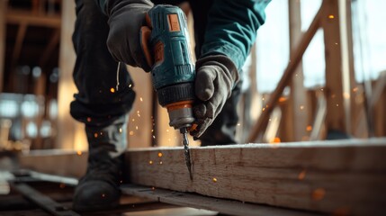 Construction worker using a power drill to secure beams. Featuring efficiency and safety