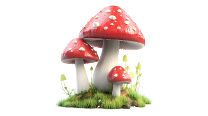 Three red mushrooms are on a green grassy field. The mushrooms are close together and appear to be growing in a natural setting