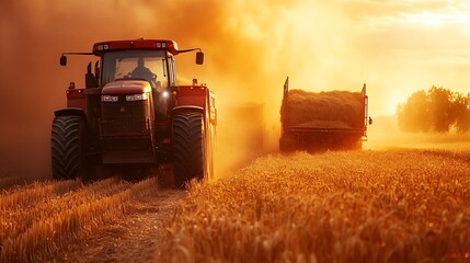 Fototapeta premium Tractor Harvesting Wheat at Sunset, A red tractor harvesting wheat in a golden field at sunset, creating a dusty atmosphere