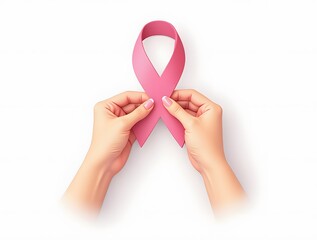 Illustrating International Breast Cancer Awareness Month. Top view of woman's hands holding pastel pink ribbon on a white isolated background. Perfect for promotional content or text
