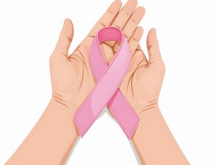 Illustrating International Breast Cancer Awareness Month. Top view of woman's hands holding pastel pink ribbon on a white isolated background. Perfect for promotional content or text