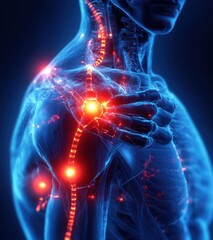 Futuristic Medical Illustration of Translucent Human Torso with Glowing Anatomy Highlighting Pain