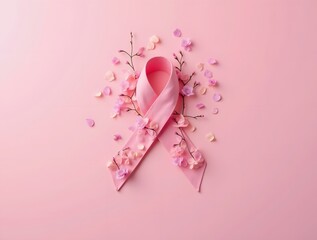 Promote breast cancer awareness. Top view of pink ribbon attached to bra filled with delicate eustoma flowers, symbolizing female well-being. Pastel pink backdrop, perfect for promo or advertisement 
