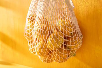 Fresh fruit hanging in a shopping bag on yellow background.