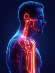 Futuristic 3D Illustration of Femur Bone Anatomy with Neon Lighting Digital Art