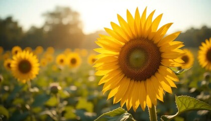 Sunflower Field in Golden Light Offering Sunshine Vibes and Summer Bloom