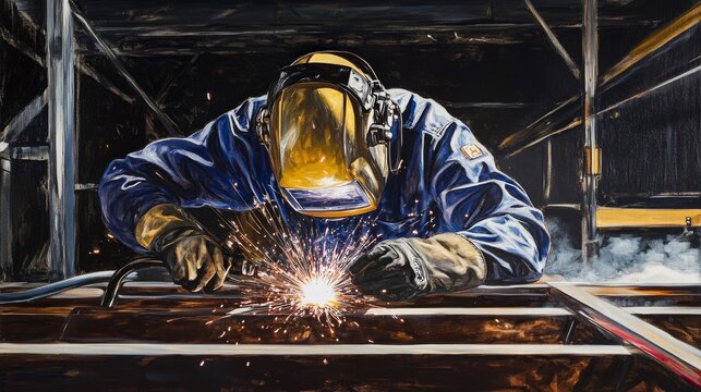 Welding technician performing a TIG weld on a metal frame. Featuring focus and precision