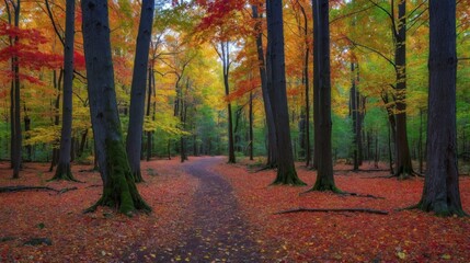 Fototapeta premium Forest Scenery: Tall Trees and Autumnal Colors