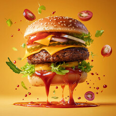 High-resolution food photography of a cheese burger with all its layers floating in mid-air, surrounded by ketchup and mustard splashes, there is no ketchup on the bottom of the burger