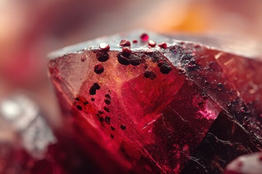 A macro shot reveals a ruby's deep red surface, showcasing intricate inclusions and brilliant detail in a luxurious, high-resolution display.