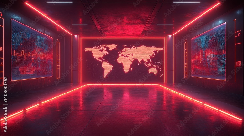 Poster modern 3d render of news studio,digital world map background bright high tech setting broadcasting s