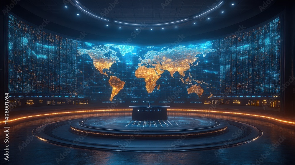 Aufkleber modern 3d render of news studio,digital world map background bright high tech setting broadcasting s